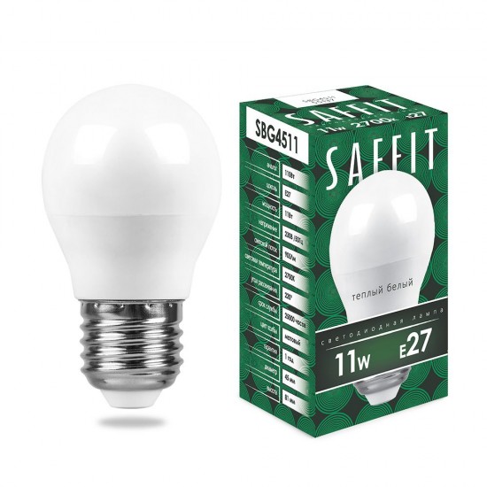 Лампа светодиодная SAFFIT SBG4511, G45 (шар), 11W 230V E27 2700К (теплый белый), рассеиватель матовый белый, 905Lm, угол рассеивания 220°, 81*45мм фотография
