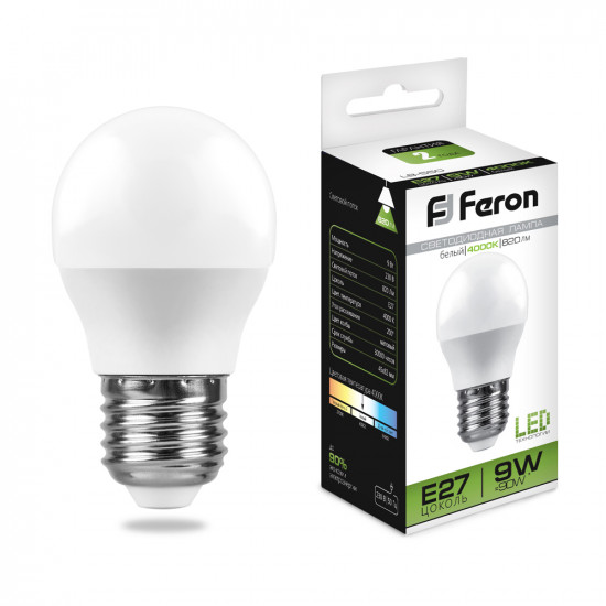 Лампа светодиодная FERON LB-550, G45 (шар малый), 9W 230V E27 4000К (белый), рассеиватель матовый белый, 820Lm, угол рассеивания 220°, корпус пластик, 82*45мм фотография