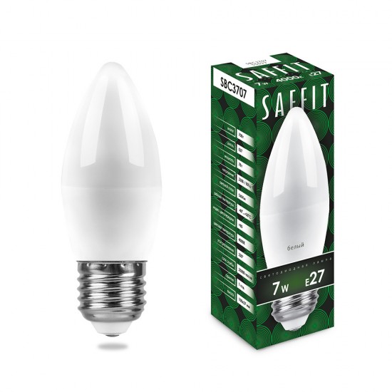 Лампа светодиодная SAFFIT SBC3707, C37 (свеча), 7W 230V E27 4000К (белый), рассеиватель матовый белый, 560Lm, угол рассеивания 220°, корпус пластик, 100*37мм фото