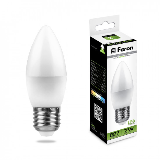 Лампа светодиодная FERON LB-97, C37 (свеча), 7W 230V E27 4000К (белый), рассеиватель матовый белый, 580Lm, угол рассеивания 200°, корпус пластик, 100*37мм foto