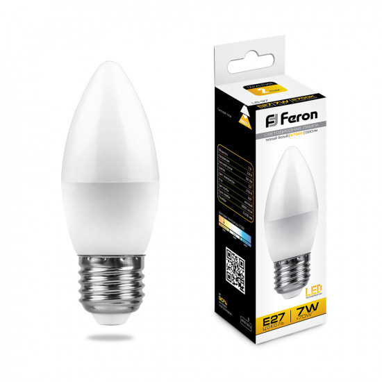 Лампа светодиодная FERON LB-97, C37 (свеча), 7W 230V E27 2700К (белый теплый), рассеиватель матовый белый, 560Lm, угол рассеивания 200°, корпус пластик, 100*37мм фотография