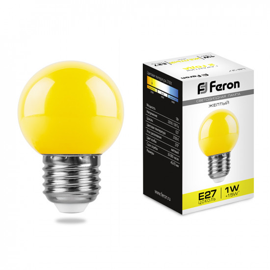 Лампа светодиодная FERON LB-37, G45 (шар), 1W 230V E27 (желтый), рассеиватель матовый желтый, угол рассеивания 270°, 70*45мм foto