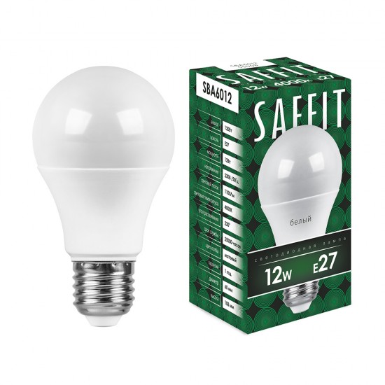 Лампа светодиодная SAFFIT SBA6012, A60 (шар), 12W 230V E27 4000К (белый), рассеиватель матовый белый, 1100Lm, угол рассеивания 220°, 113*60мм jpg