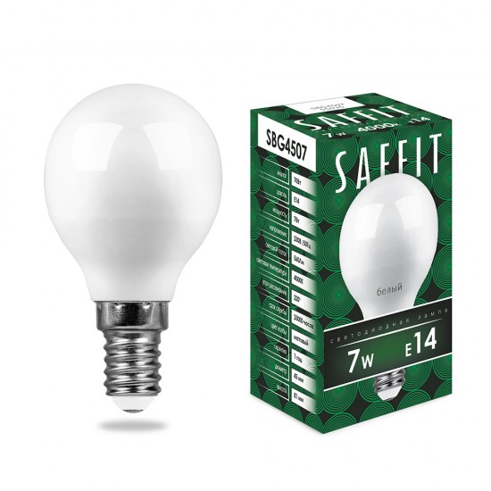 Лампа светодиодная SAFFIT SBG4507, G45 (шар), 7W 230V E14 4000К (белый), рассеиватель матовый белый, 560Lm, угол рассеивания 220°, корпус пластик, 80*45мм фотография