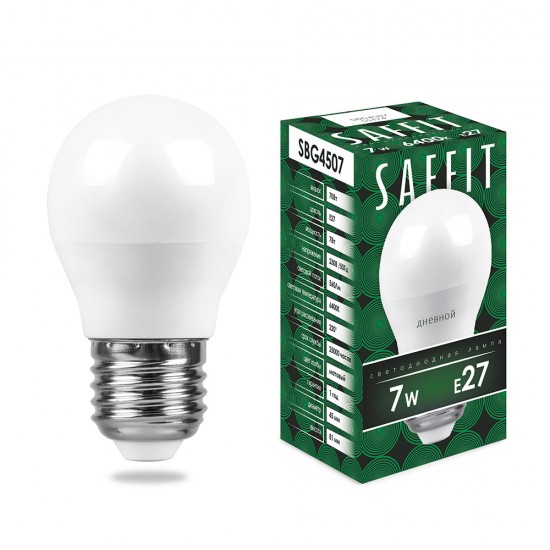 Лампа светодиодная SAFFIT SBG4507, G45 (шар), 7W 230V E27 6400К (дневной), рассеиватель матовый белый, 560Lm, угол рассеивания 220°, корпус пластик, 81*45мм jpg