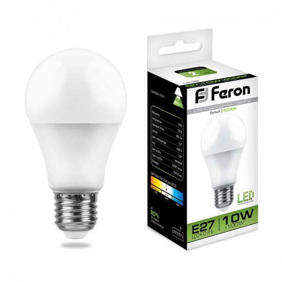 Лампа светодиодная FERON LB-92, A60 (шар), 10W 230V E27 4000К (белый), рассеиватель матовый белый, 800Lm, угол рассеивания 220°, корпус пластик, 106*60мм фото