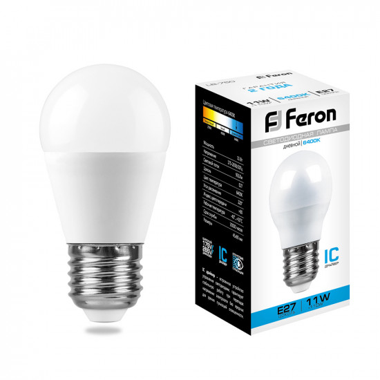 Лампа светодиодная FERON LB-750, G45 (шар малый), 11W 230V E27 6400К (дневной), рассеиватель матовый белый, 955Lm, угол рассеивания 220°, корпус пластик, 90*45мм foto