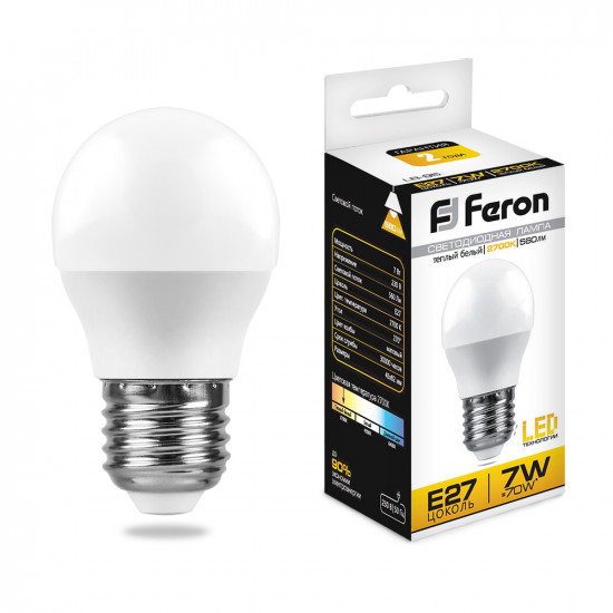 Лампа светодиодная FERON LB-95, G45 (шар малый), 7W 230V E27 2700К (белый теплый), рассеиватель матовый белый, 560Lm, угол рассеивания 220°, корпус пластик, 82*45мм jpg