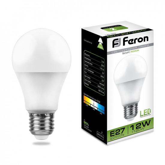 Лампа светодиодная FERON LB-93, A60 (шар), 12W 230V E27 4000К (белый), рассеиватель матовый белый, 1100Lm, угол рассеивания 220°, корпус пластик, 118*60мм картинка