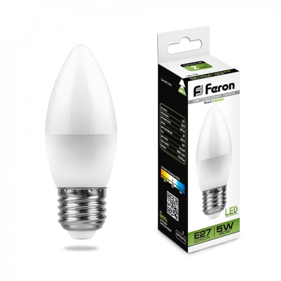 Лампа светодиодная FERON LB-72, C37 (свеча), 5W 230V E27 4000К (белый), рассеиватель матовый белый, 420Lm, угол рассеивания 200°, корпус пластик, 100*37мм foto