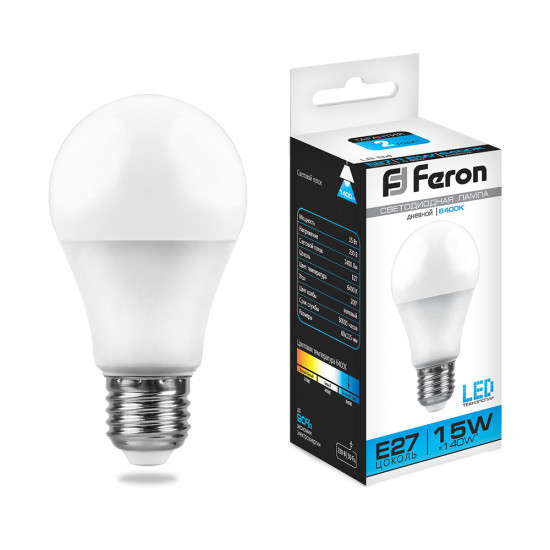Лампа светодиодная FERON LB-94, A60 (шар), 15W 230V E27 6400К (дневной), рассеиватель матовый белый, 1400Lm, угол рассеивания 220°, корпус пластик, 115*60мм картинка