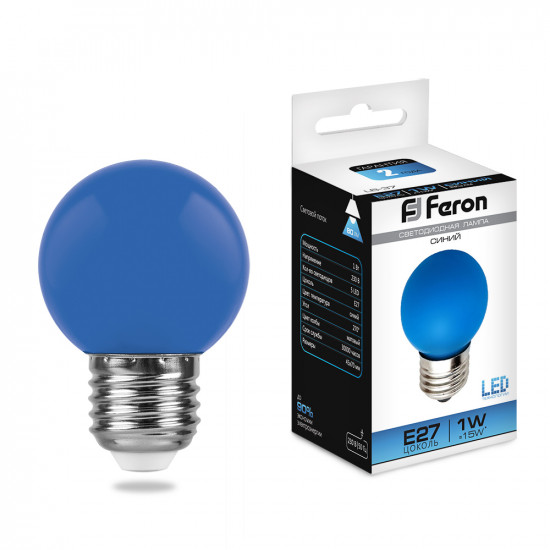 Лампа светодиодная FERON LB-37, G45 (шар), 1W 230V E27 (синий), рассеиватель матовый синий, угол рассеивания 270°, 70*45мм jpg