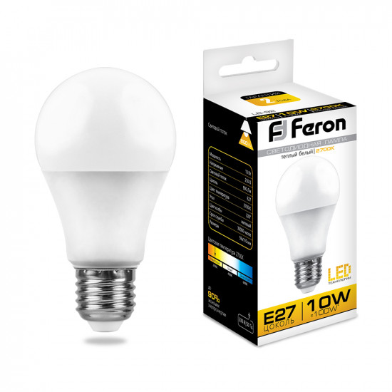 Лампа светодиодная FERON LB-92, A60 (шар), 10W 230V E27 2700К (белый теплый), рассеиватель матовый белый, 800Lm, угол рассеивания 220°, корпус пластик, 106*60мм фото