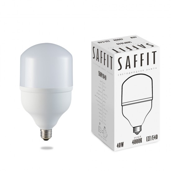 Лампа светодиодная SAFFIT SBHP1040, колба (промышленная), 40W 175-265V E27 4000К (белый), рассеиватель матовый белый, 3700Lm, угол рассеивания 220°, 210*120мм изображение
