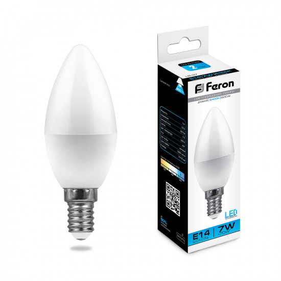 Лампа светодиодная FERON LB-97, C37 (свеча), 7W 230V E14 6400К (дневной), рассеиватель матовый белый, 600Lm, угол рассеивания 200°, корпус пластик, 100*37мм фото