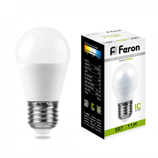 Лампа светодиодная FERON LB-750, G45 (шар малый), 11W 230V E27 4000К (белый), рассеиватель матовый белый, 935Lm, угол рассеивания 220°, корпус пластик, 90*45мм image