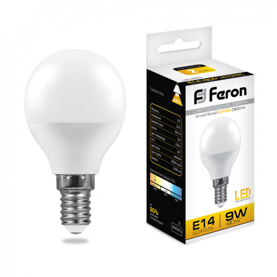 Лампа светодиодная FERON LB-550, G45 (шар малый), 9W 230V E14 2700К (белый теплый), рассеиватель матовый белый, 800Lm, угол рассеивания 220°, корпус пластик, 82*45мм фото