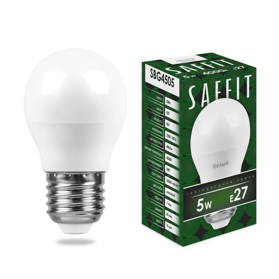 Лампа светодиодная SAFFIT SBG4505, G45 (шар), 5W 230V E27 4000К (белый), рассеиватель матовый белый, 400Lm, угол рассеивания 220°, корпус пластик, 81*45мм изображение