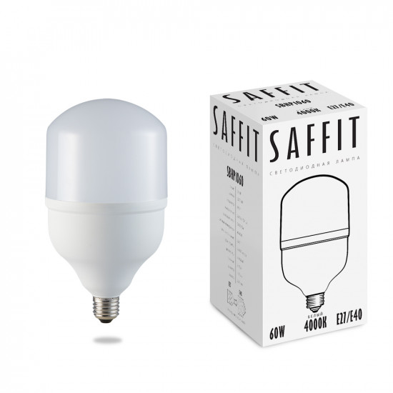 Лампа светодиодная SAFFIT SBHP1060, колба (промышленная), 60W 230V E27-E40 4000К (белый), рассеиватель матовый белый, 5600Lm, угол рассеивания 220°, 235*140мм фотография