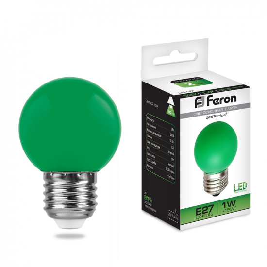 Лампа светодиодная FERON LB-37, G45 (шар), 1W 230V E27 (зеленый), рассеиватель матовый зеленый, угол рассеивания 270°, 70*45мм foto