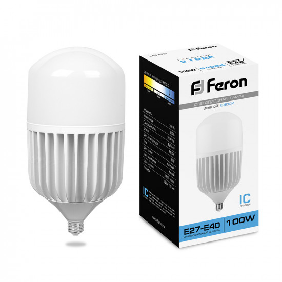 Лампа светодиодная FERON LB-65, T160 (промышленная), 100W 230V E27-E40 6400К (дневной), рассеиватель матовый белый, 9100Lm, угол рассеивания 220°, 274*160мм фотография