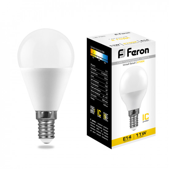 Лампа светодиодная FERON LB-750, G45 (шар малый), 11W 230V E14 2700К (белый теплый), рассеиватель матовый белый, 915Lm, угол рассеивания 220°, корпус пластик, 92*45мм фотография