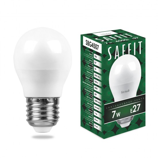 Лампа светодиодная SAFFIT SBG4507, G45 (шар), 7W 230V E27 4000К (белый), рассеиватель матовый белый, 560Lm, угол рассеивания 220°, корпус пластик, 81*45мм jpg