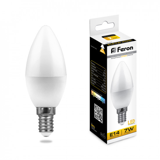 Лампа светодиодная FERON LB-97, C37 (свеча), 7W 230V E14 2700К (белый теплый), рассеиватель матовый белый, 560Lm, угол рассеивания 200°, корпус пластик, 100*37мм изображение