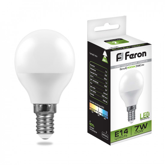 Лампа светодиодная FERON LB-95, G45 (шар малый), 7W 230V E14 4000К (белый), рассеиватель матовый белый, 580Lm, угол рассеивания 220°, корпус пластик, 82*45мм фото