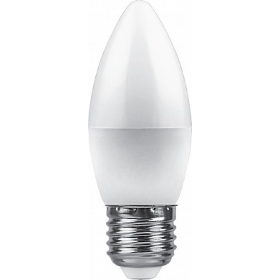 Лампа светодиодная FERON LB-570, C37 (свеча), 9W 230V E27 2700К (белый теплый), рассеиватель матовый белый, 800Lm, угол рассеивания 200°, корпус пластик, 100*37мм фотография
