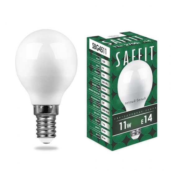 Лампа светодиодная SAFFIT SBG4511, G45 (шар), 11W 230V E14 2700К (теплый белый), рассеиватель матовый белый, 905Lm, угол рассеивания 220°, 80*45мм изображение