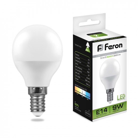 Лампа светодиодная FERON LB-550, G45 (шар малый), 9W 230V E14 4000К (белый), рассеиватель матовый белый, 820Lm, угол рассеивания 220°, корпус пластик, 82*45мм фото