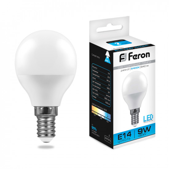 Лампа светодиодная FERON LB-550, G45 (шар малый), 9W 230V E14 6400К (дневной), рассеиватель матовый белый, 840Lm, угол рассеивания 220°, корпус пластик, 82*45мм фотография