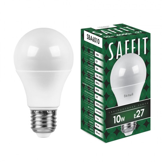 Лампа светодиодная SAFFIT SBA6010, A60 (шар), 10W 230V E27 4000К (белый), рассеиватель матовый белый, 800Lm, угол рассеивания 220°, 108*60мм картинка