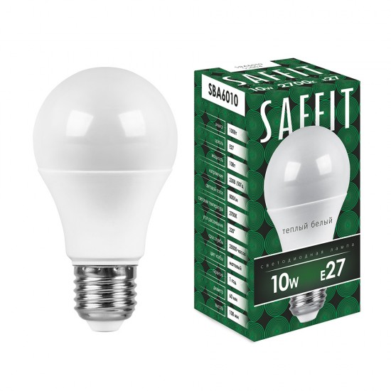 Лампа светодиодная SAFFIT SBA6010, A60 (шар), 10W 230V E27 2700К (теплый белый), рассеиватель матовый белый, 800Lm, угол рассеивания 220°, 108*60мм картинка