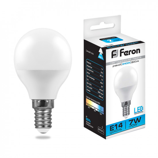 Лампа светодиодная FERON LB-95, G45 (шар малый), 7W 230V E14 6400К (дневной), рассеиватель матовый белый, 600Lm, угол рассеивания 220°, корпус пластик, 82*45мм картинка