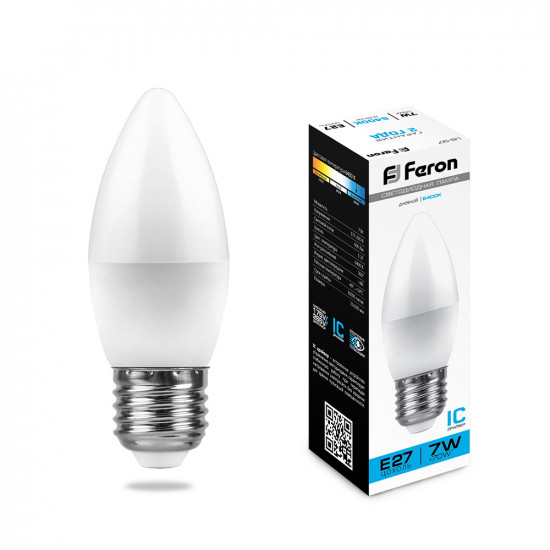 Лампа светодиодная FERON LB-97, C37 (свеча), 7W 230V E27 6400К (дневной), рассеиватель матовый белый, 600Lm, угол рассеивания 200°, корпус пластик, 100*37мм картинка