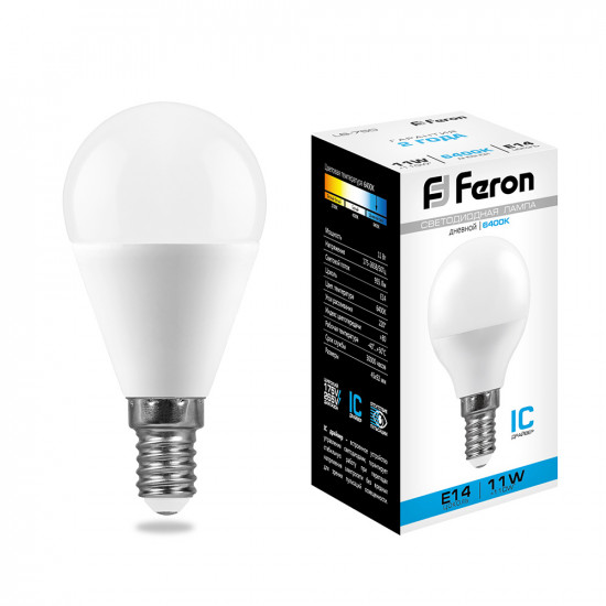 Лампа светодиодная FERON LB-750, G45 (шар малый), 11W 230V E14 6400К (дневной), рассеиватель матовый белый, 955Lm, угол рассеивания 220°, корпус пластик, 92*45мм картинка