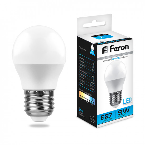 Лампа светодиодная FERON LB-550, G45 (шар малый), 9W 230V E27 6400К (дневной), рассеиватель матовый белый, 840Lm, угол рассеивания 220°, корпус пластик, 82*45мм изображение