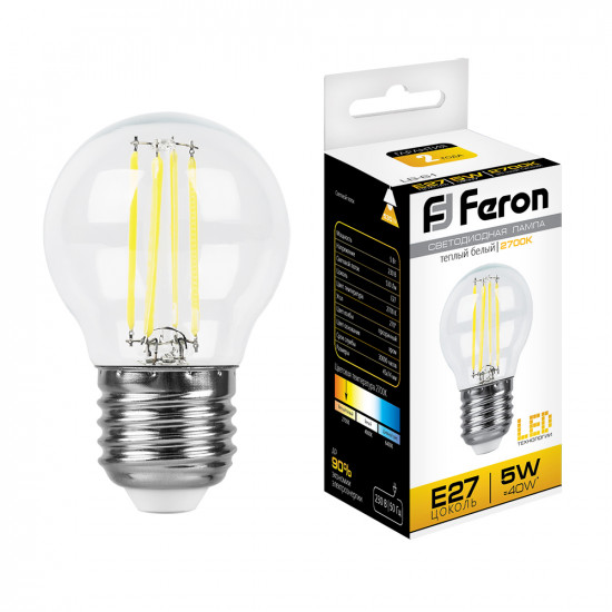 Лампа светодиодная филамент FERON LB-61, G45 (шар малый), 5W 230V E27 2700К (белый теплый), рассеиватель прозрачный 530Lm, угол рассеивания 270°, 75*45мм