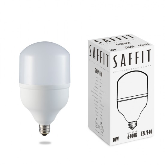Лампа светодиодная SAFFIT SBHP1030, колба (промышленная), 30W 175-265V E27 4000К (белый), рассеиватель матовый белый, 2700Lm, угол рассеивания 220°, 180*100мм изображение