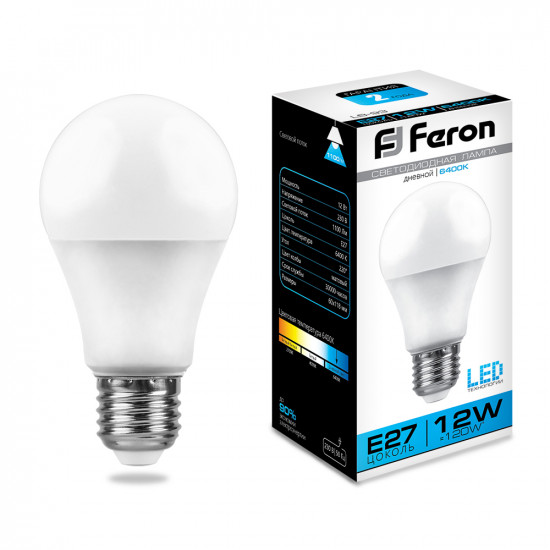 Лампа светодиодная FERON LB-93, A60 (шар), 12W 230V E27 6400К (дневной), рассеиватель матовый белый, 1100Lm, угол рассеивания 220°, корпус пластик, 118*60мм картинка