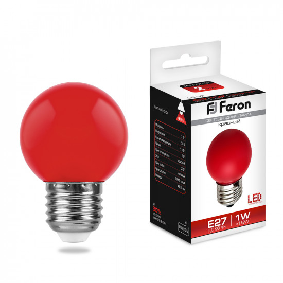 Лампа светодиодная FERON LB-37, G45 (шар), 1W 230V E27 (красный), рассеиватель матовый красный, угол рассеивания 270°, 70*45мм jpg