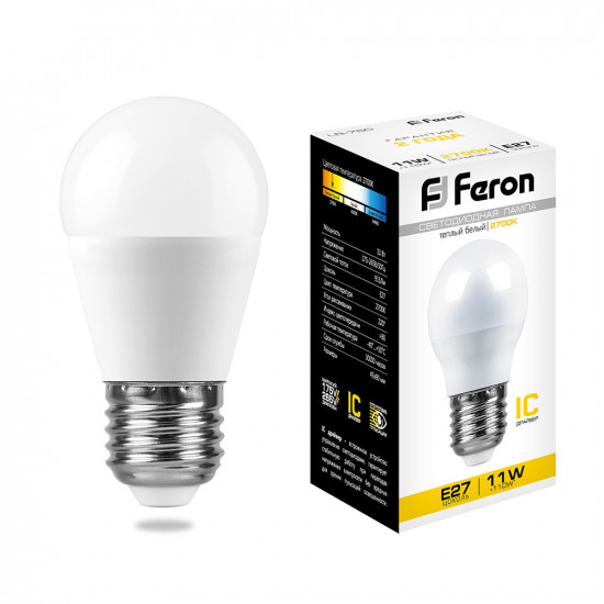 Лампа светодиодная FERON LB-750, G45 (шар малый), 11W 230V E27 2700К (белый теплый), рассеиватель матовый белый, 915Lm, угол рассеивания 220°, корпус пластик, 90*45мм изображение