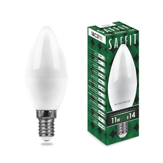 Лампа светодиодная SAFFIT SBC3711, C37 (свеча), 11W 230V E14 2700К (теплый белый), рассеиватель матовый белый, 905Lm, угол рассеивания 220°, 100*37мм jpg