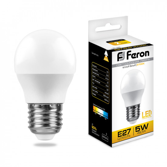 Лампа светодиодная FERON LB-38, G45 (шар малый), 5W 230V E27 2700К (белый теплый), рассеиватель матовый белый, 410Lm, угол рассеивания 200°, корпус пластик, 82*45мм картинка