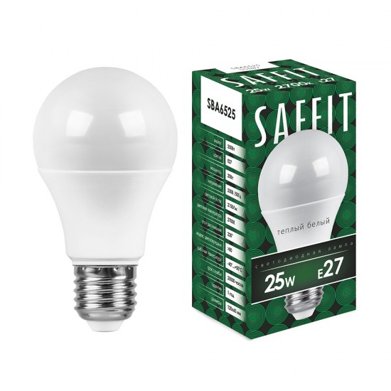 Лампа светодиодная SAFFIT SBA6525, A65 (шар), 25W 230V E27 2700К (теплый белый), рассеиватель матовый белый, 2150Lm, угол рассеивания 220°, 135*65мм изображение