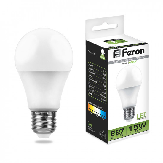 Лампа светодиодная FERON LB-94, A60 (шар), 15W 230V E27 4000К (белый), рассеиватель матовый белый, 1350Lm, угол рассеивания 220°, корпус пластик, 115*60мм картинка