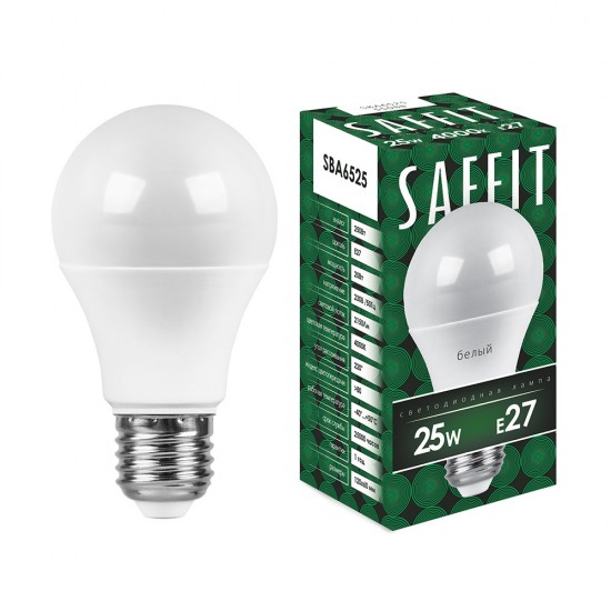 Лампа светодиодная SAFFIT SBA6525, A65 (шар), 25W 230V E27 4000К (белый), рассеиватель матовый белый, 2150Lm, угол рассеивания 220°, корпус пластик, 135*65мм jpg