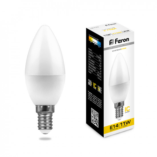 Лампа светодиодная FERON LB-770, C37 (свеча), 11W 230V E14 2700К (белый теплый), рассеиватель матовый белый, 915Lm, угол рассеивания 220°, корпус пластик, 114*37мм фото